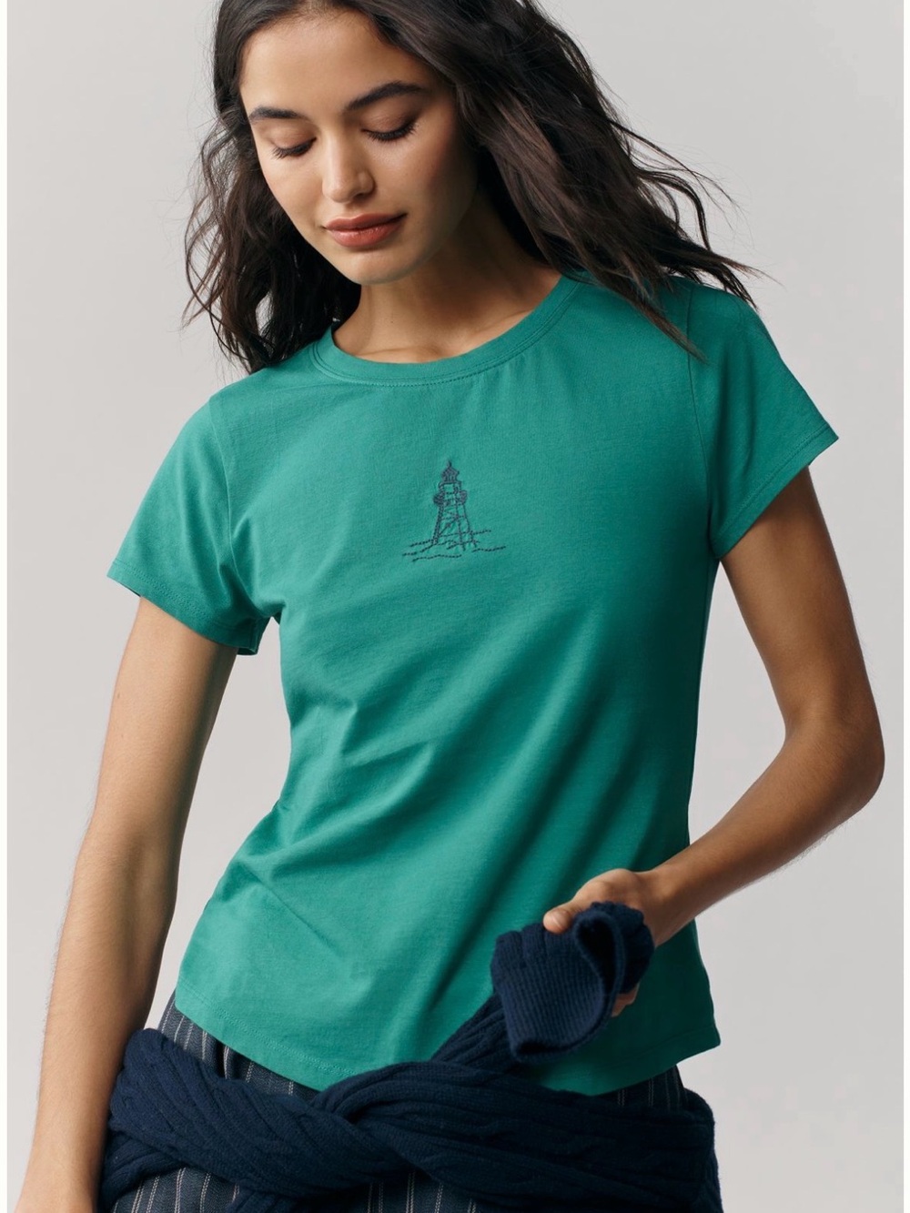 NEW Anthropologie M Maeve Crewneck Lighthouse Tee Top Shirt NWT Green
